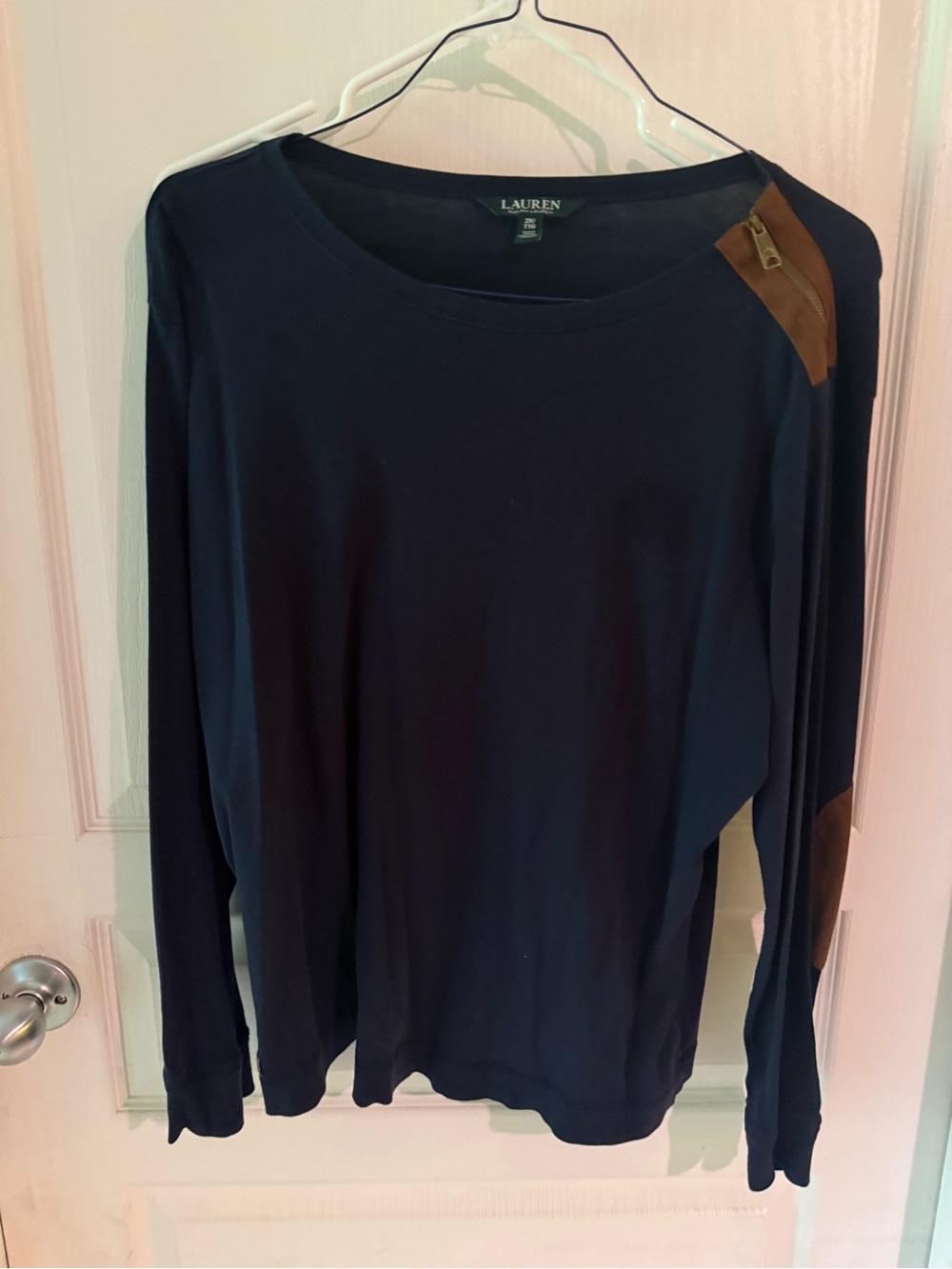 Ralph Lauren Navy Long-Sleeve Top with Brown Elbow Patch